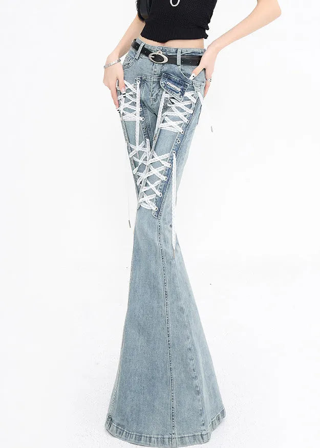 Original Design Blue Lace Up High Waist Denim Flared Trousers Fall