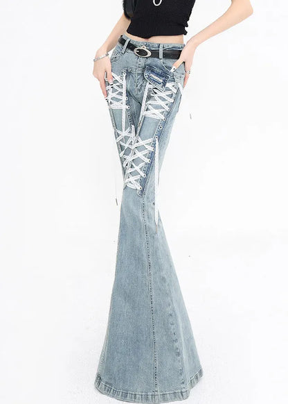 Original Design Blue Lace Up High Waist Denim Flared Trousers Fall