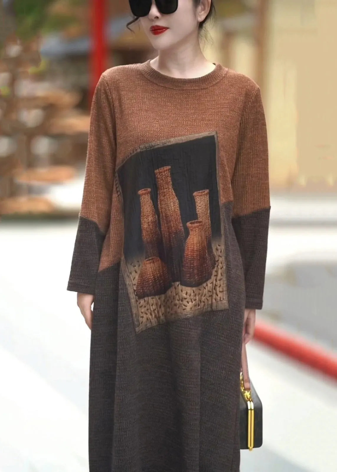 Colorblock O Neck Cozy Knit Long Dress Winter