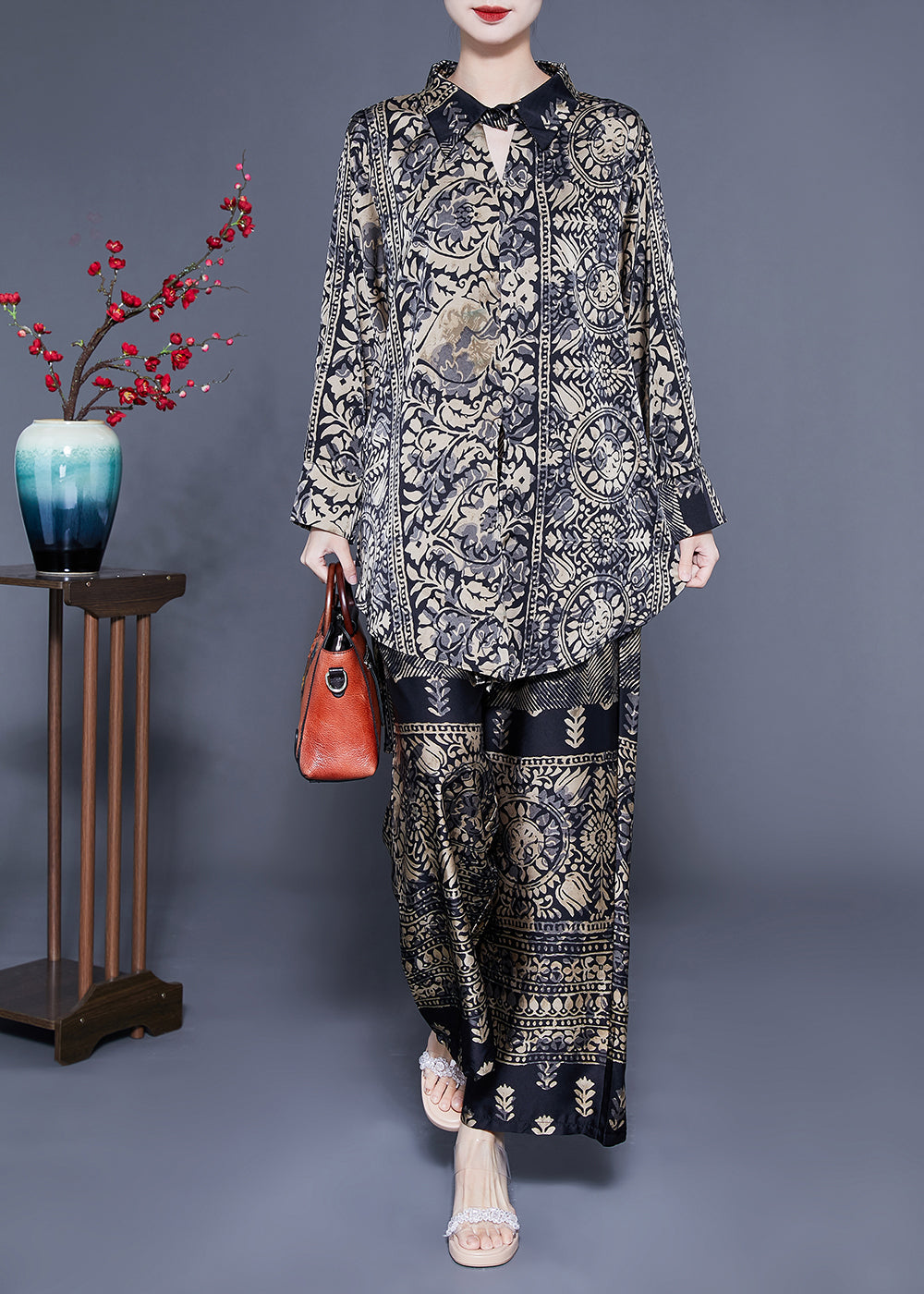 Oversized Low High Design Print Silk Two Pieces Set Spring