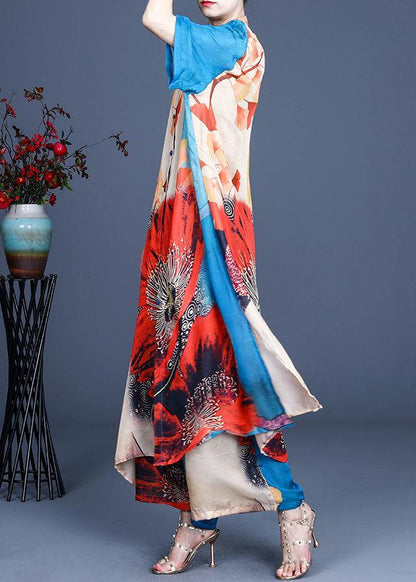 Fine Blue Print Stand Silk Two Piece Outfit Summer