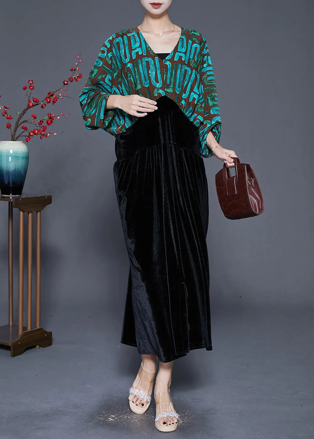 Fitted Green Cinched Patchwork Print Silk Velour Dress Batwing Sleeve
