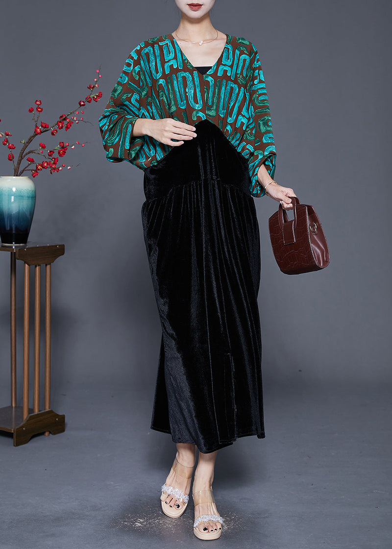 Fitted Green Cinched Patchwork Print Silk Velour Dress Batwing Sleeve