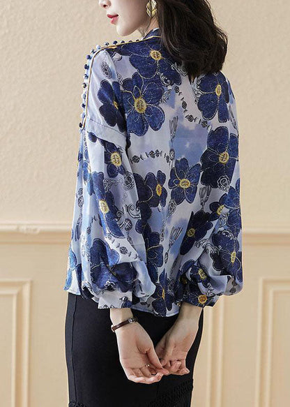 Blue Stand Collar Button Print Silk Shirt Top Spring
