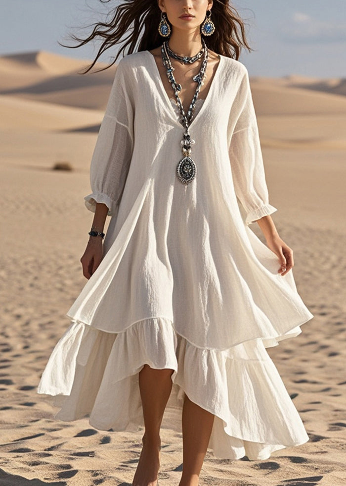 White Oversized Patchwork Cotton Maxi Dresses Bracelet Sleeve Summer