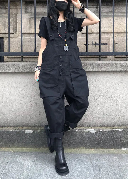 French Black Patchwork Button Jumpsuit Summer