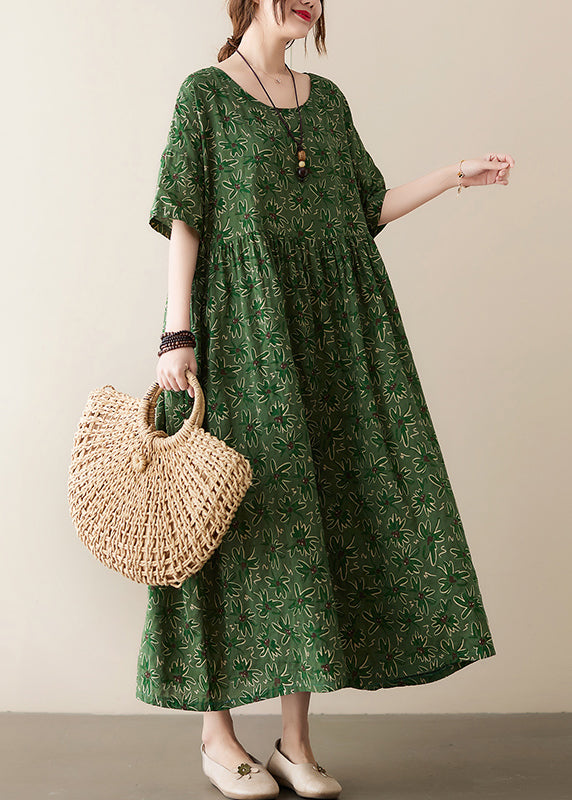 Green O-neck Wrinkled Exra Large Hem Print Cotton Long Dress Summer