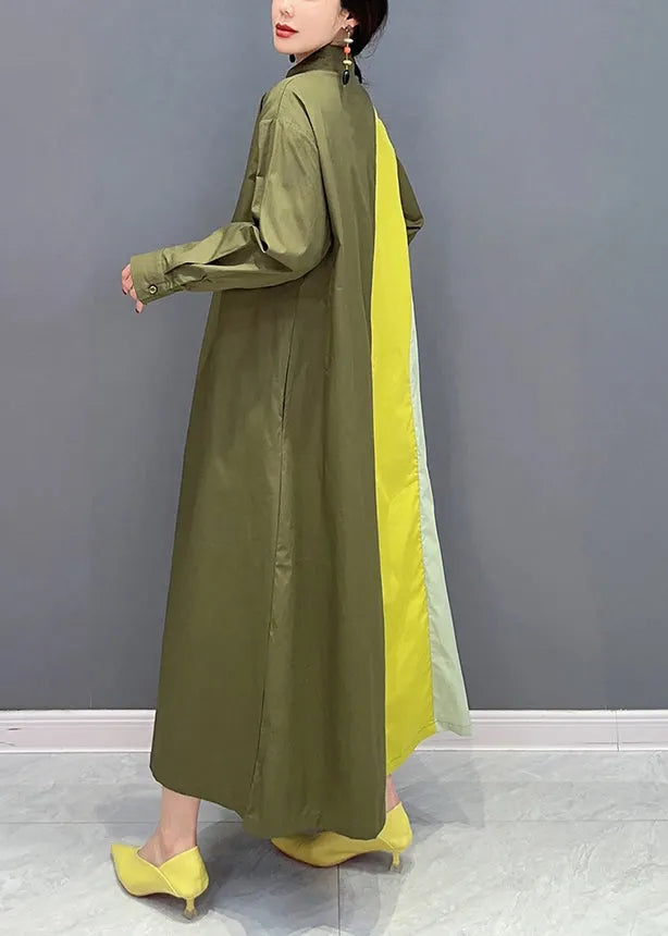 Army Green Peter Pan Collar Patchwork Cotton Maxi Dresses Spring