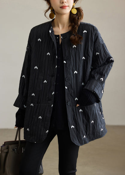 Diy Black Embroidered Wrinkled Fine Cotton Filled Coat Winter