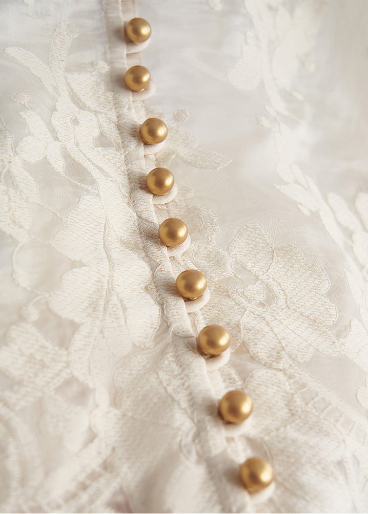 White Jacquard Nail Bead Lace Tops Fall