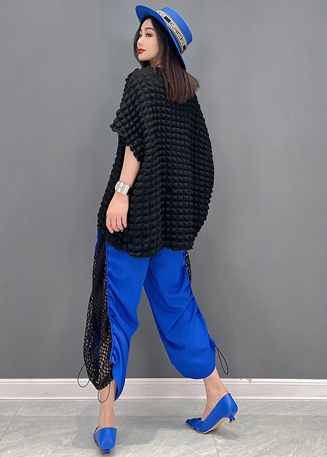 Blue Patchwork Tulle Top and Crop Pant Two Piece Set Clothing Drawstring Summer