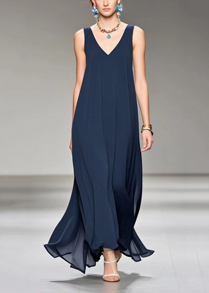 Navy V Neck Draping Chiffon Cami Dress Sleeveless Summer
