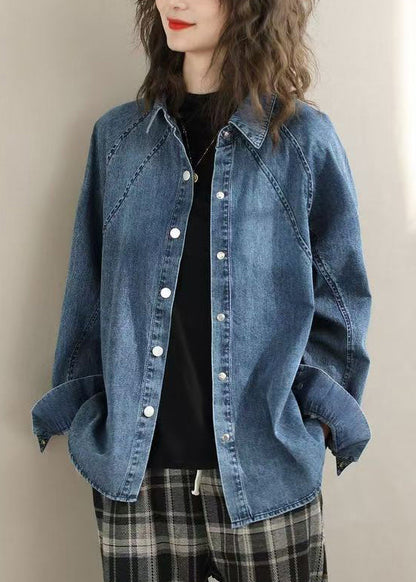 Blue Peter Pan Collar Denim Shirts Spring