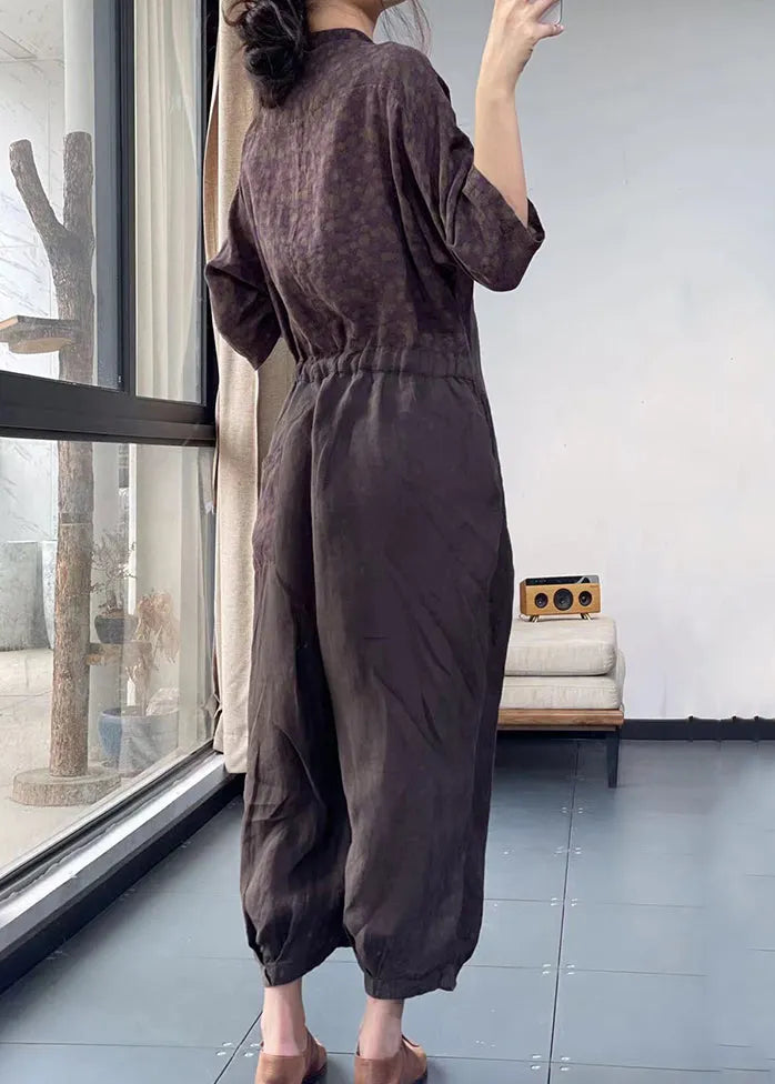 Coffee Purple V Neck Print Lace Up Patchwork Cotton Jumpsuit Spring