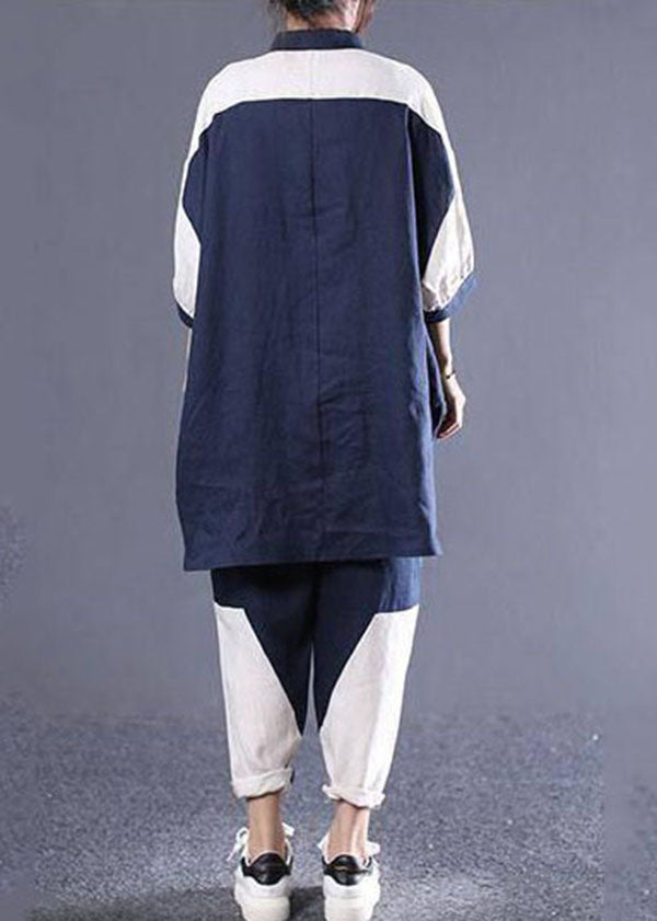 Navy Oversized Patchwork Cotton Two Pieces Set Batwing Sleeve