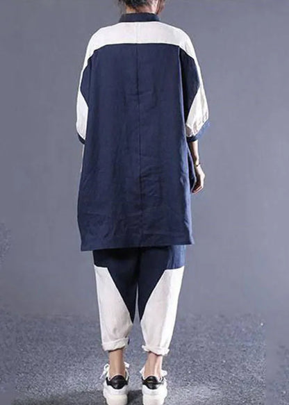 Navy Oversized Patchwork Cotton Two Pieces Set Batwing Sleeve