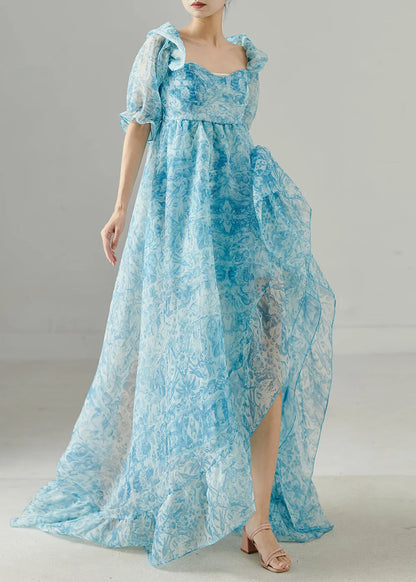 Blue Print Chiffon Full Dress Exra Large Hem Summer