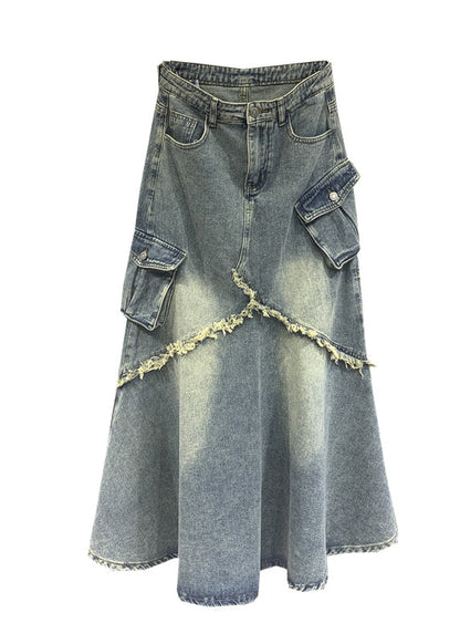 Light Blue Tasseled Pockets Patchwork Denim Skirt Spring