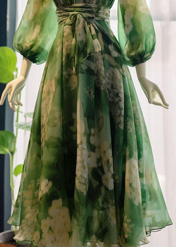 French Green V Neck Print High Waist Chiffon Dresses Long Sleeve Summer