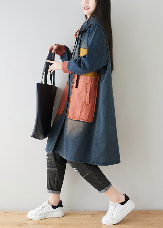 Blue Pockets Patchwork Hooded Coats Spring