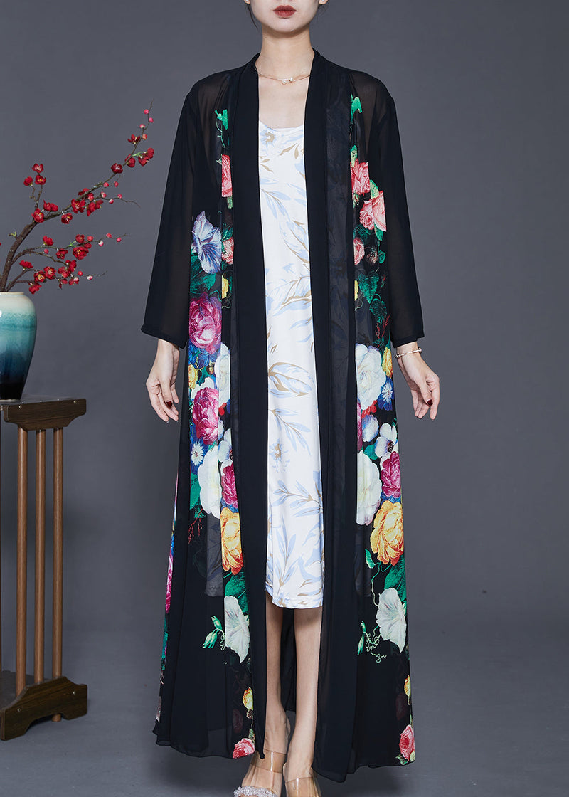 Fine Black Oversized Print Chiffon Upf 50+ Coat Cardigan Spring