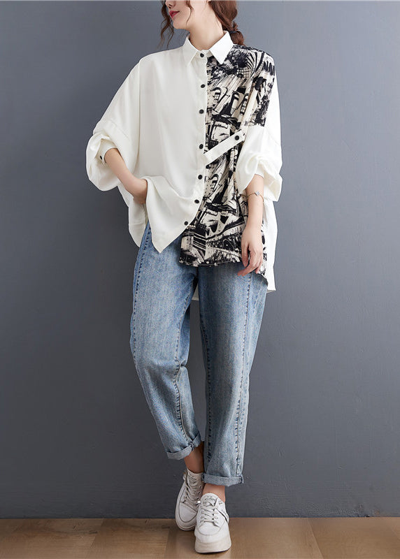 Italian White Peter Pan Collar Button Asymmetrical Design Print Shirt Top Batwing Sleeve