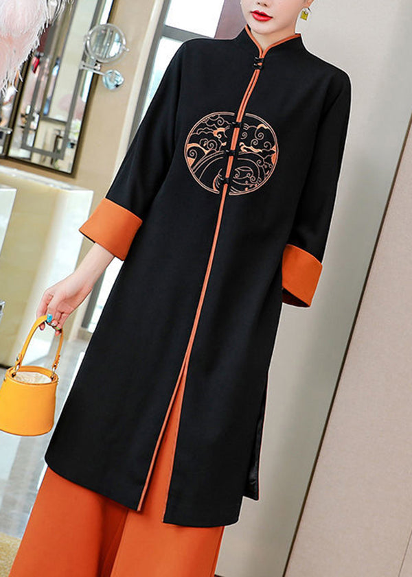 Black Stand Collar Embroideried Patchwork Cotton Two Piece Set Outfits Fall