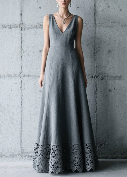 Charcoal Grey V Neck Patchwork Cotton Long Dress Summer