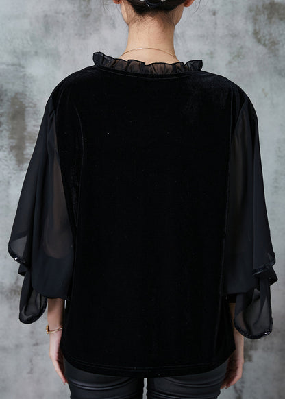 Italian Black Ruffled Patchwork Silk Velour Top Cloak Sleeves