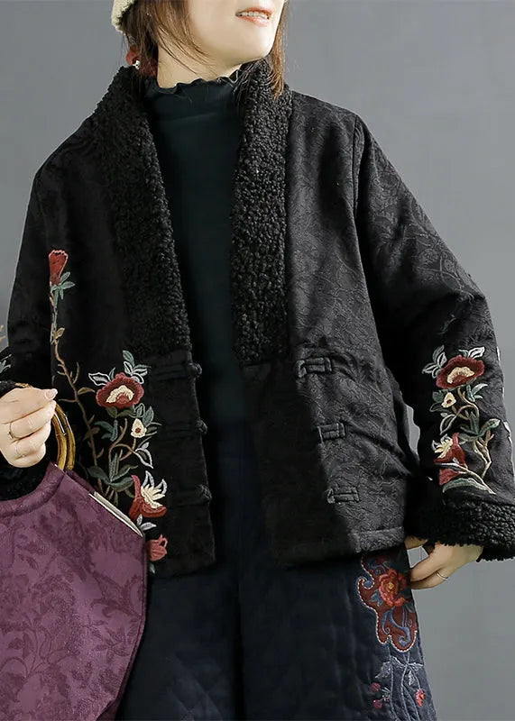 Retro Purple Embroideried Faux Fur Patchwork Fine Cotton Filled Jackets Winter