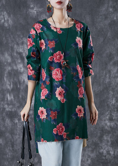 Green Print Linen Mini Dress Side Open Fall