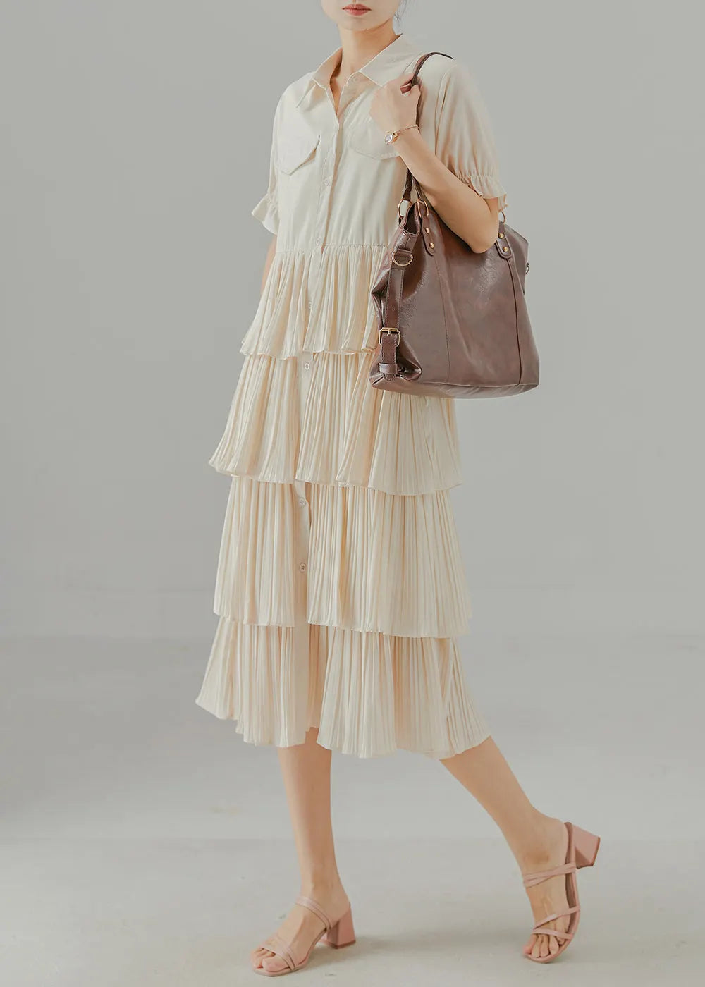 Apricot Patchwork Chiffon Dress Layered Ruffled Summer