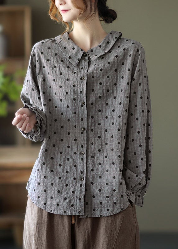 Grey Button Ruffled Dot Fall Shirt Tops Long Sleeve