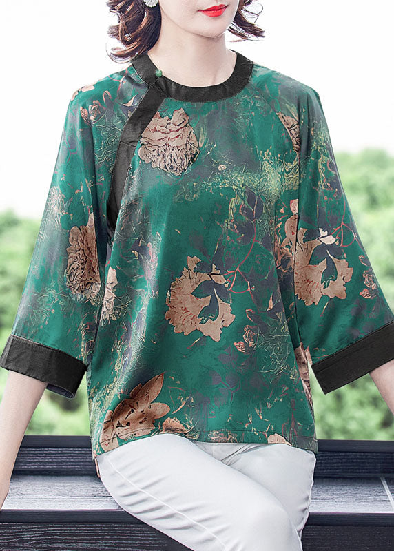 Green O-neck Patchwork Print Silk Shirt Tops Bracelet Sleeve