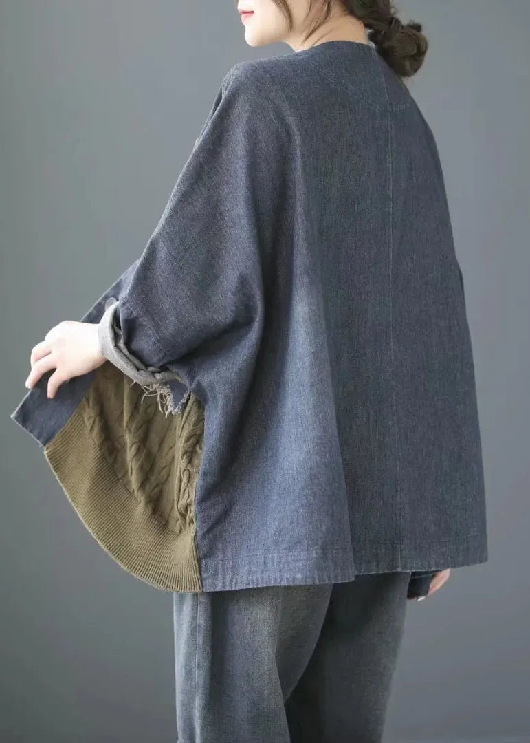 Blue V Neck Knit Patchwork Denim Coats Long Sleeve