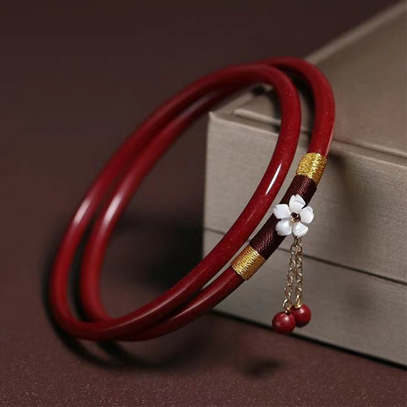 Buddha Stones 2pcs Cinnabar Flower Blessing Bangle Charm Bracelet