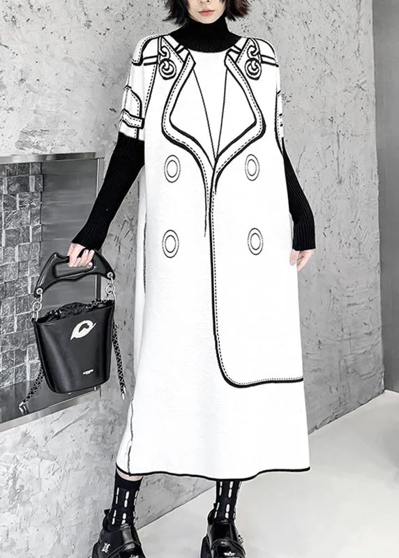 Classy Black Turtleneck Print Wear on Both Sides Cotton Knit Long Sweater Dress Fall