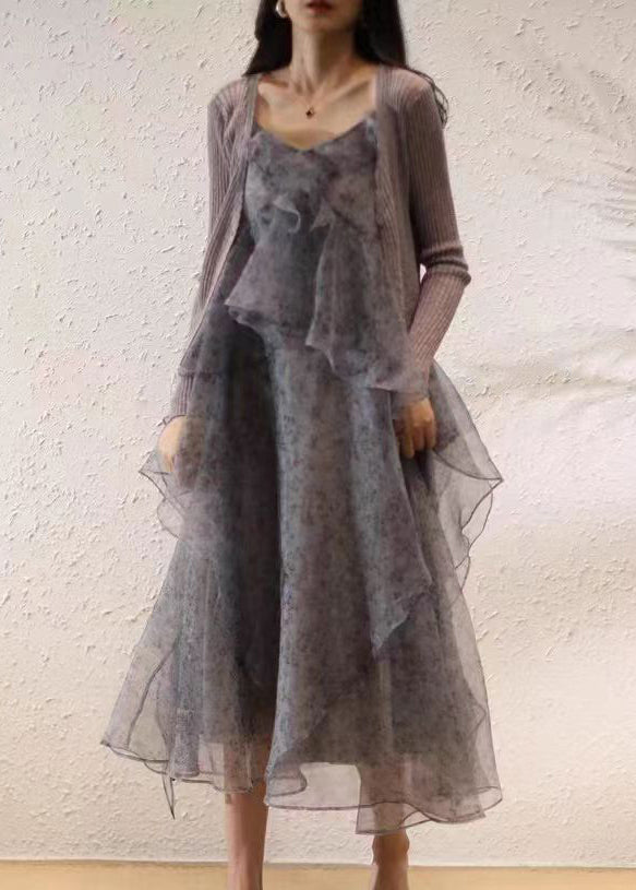 Purple Ruffled Print Chiffon Sets 2 Pieces Spring