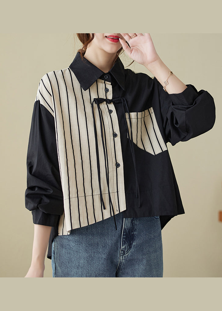 Colorblock Striped Tasseled Patchwork Cotton Shirt Top Fall
