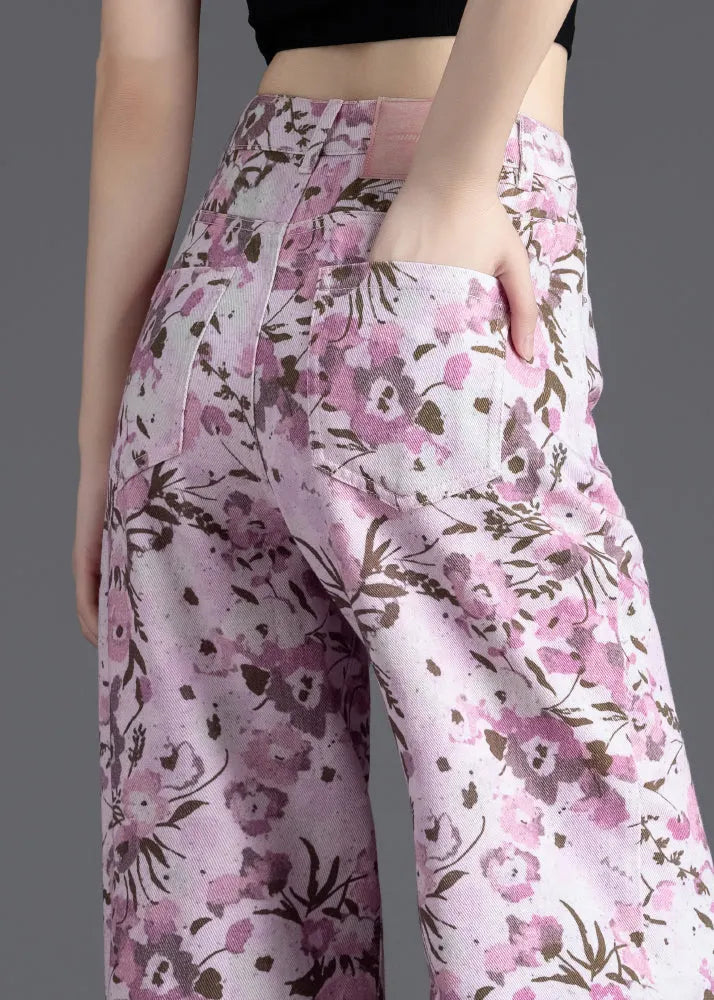 Pink Print Denim Straight Pants Spring
