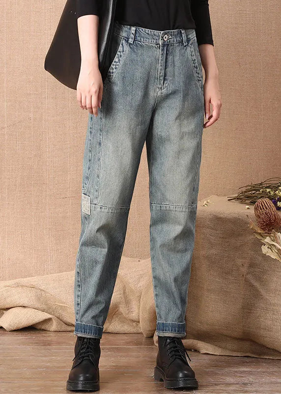 Blue High Waist Button Pockets Patchwork Cotton Denim Pants Summer