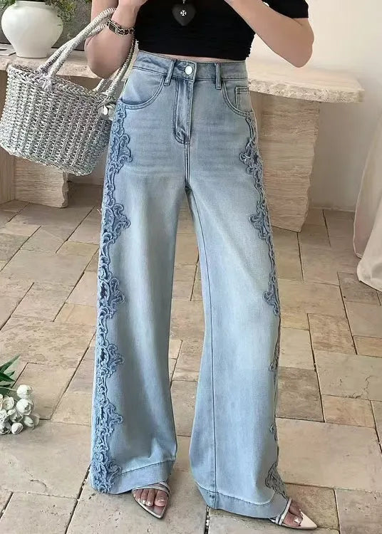 Handmade Blue Hollow Out Lace Patchwork Denim Pants Fall