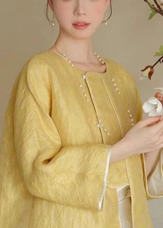 Loose Yellow O-neck Button Silk Coats Spring