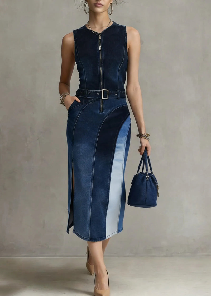 Blue Patchwork Sashes Side Open Vacation Denim Long Dresses