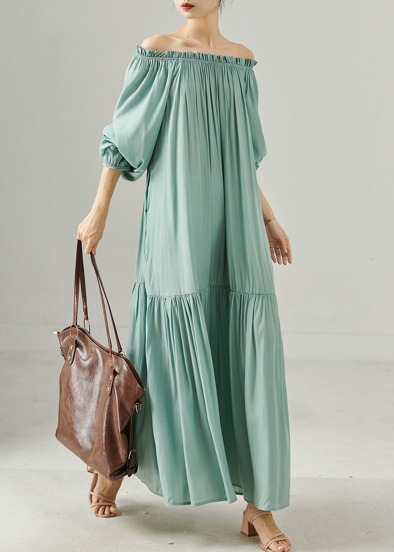 Sky Blue Patchwork Cotton Long Dress Slash Neck Lantern Sleeve
