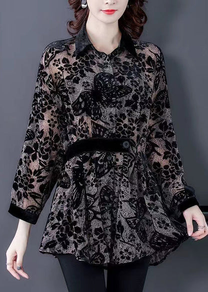 Black Peter Pan Collar Print Patchwork Velour Shirts Tops Fall