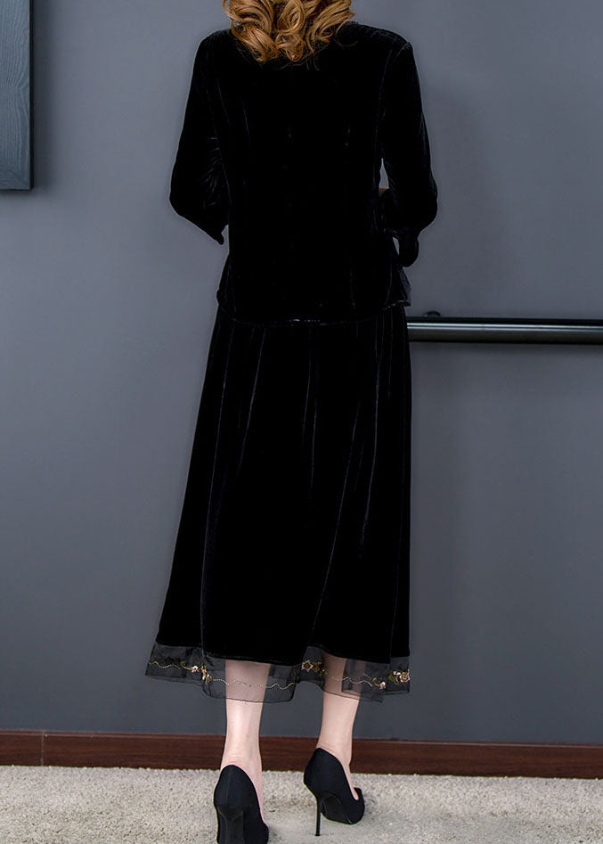 Art Black O-neck Tulle Patchwork Silk Velour Top and Maxi Skirts Two Pieces Set Long Sleeve