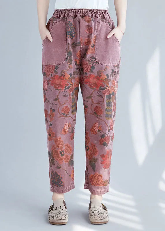 Brick Red Elastic Waist Print Cotton Denim Pants Spring