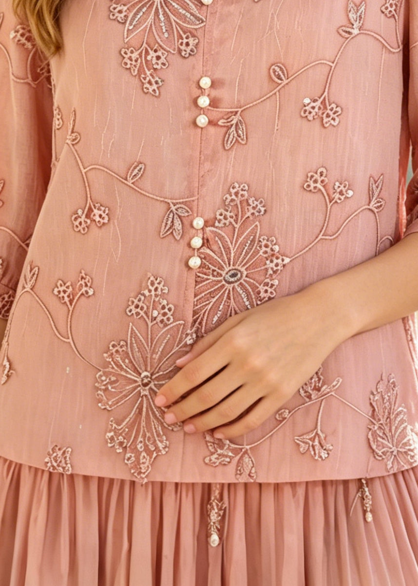 Italian Pink Embroidered Pearl Chiffon Shirt Tops Half Sleeve