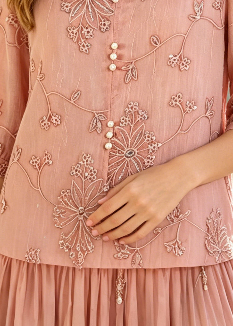 Italian Pink Embroidered Pearl Chiffon Shirt Tops Half Sleeve